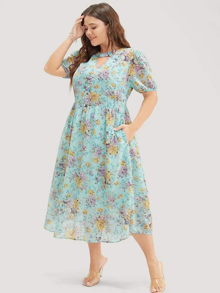 Floral Lace Trim Keyhole Neck Pocket Puff Sleeve Dress sold by Bloomchic product image thumbnail 3