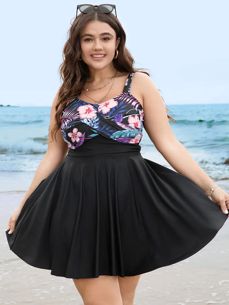 Floral Patchwork Flutter Hem Empire Waist Swim Dress sold by Bloomchic
