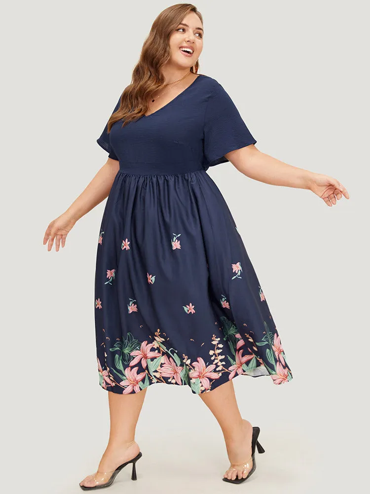 Floral Printed Pocket Gathered Flutter Hem Dress sold by Bloomchic