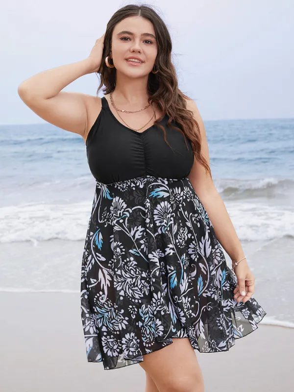 Floral Patchwork Gathered Adjustable Straps Swim Dress sold by Bloomchic