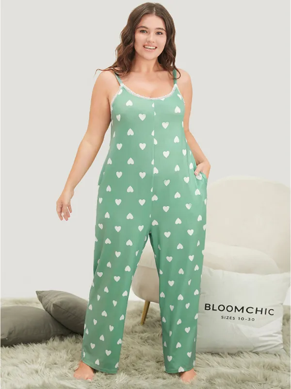 Heart Print Lace Trim Adjustable Straps Cami Night Jumpsuit sold by Bloomchic