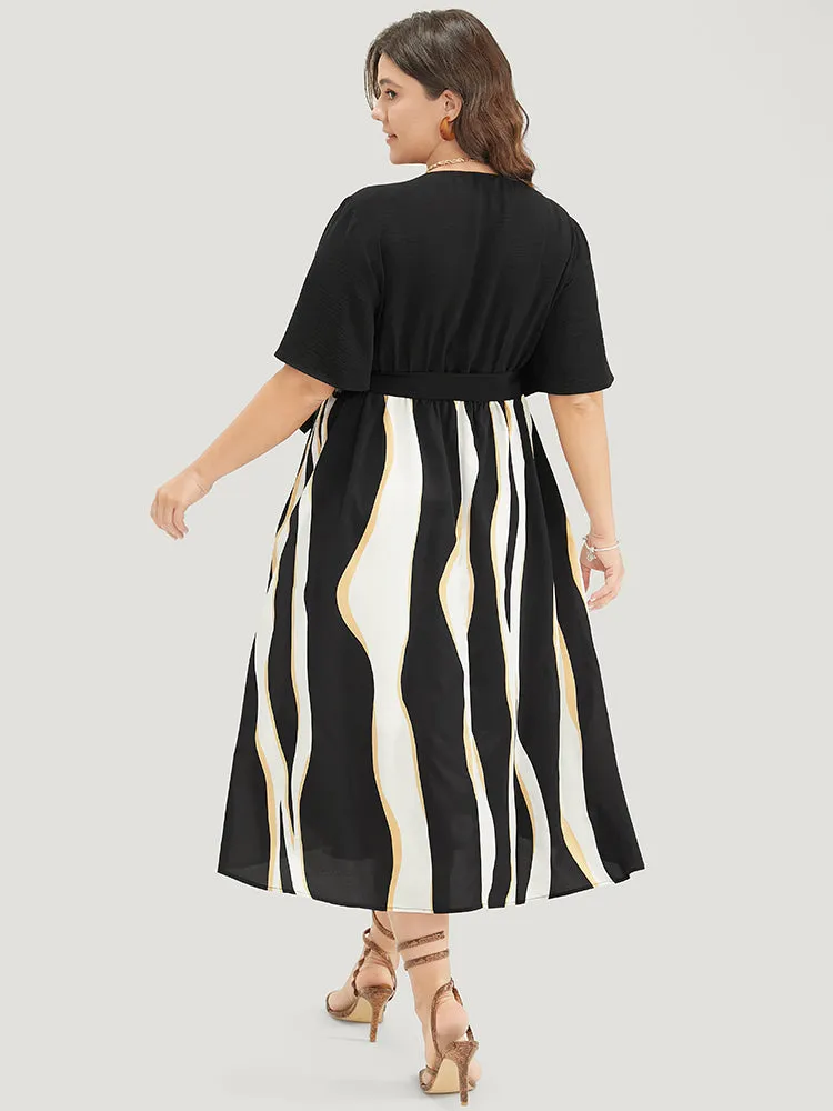 Striped Patchwork Ruffle Sleeve Pocket Belted Keyhole Dress sold by Bloomchic product image thumbnail 5