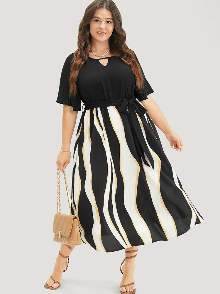 Striped Patchwork Ruffle Sleeve Pocket Belted Keyhole Dress sold by Bloomchic product image thumbnail 2
