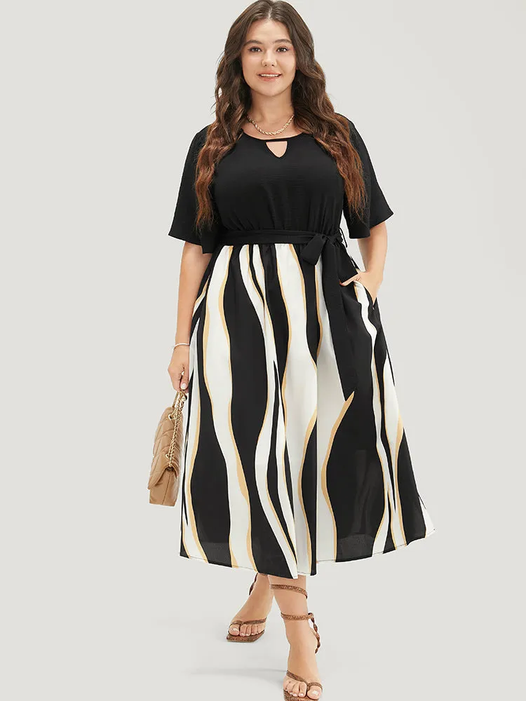 Striped Patchwork Ruffle Sleeve Pocket Belted Keyhole Dress sold by Bloomchic product image thumbnail 3