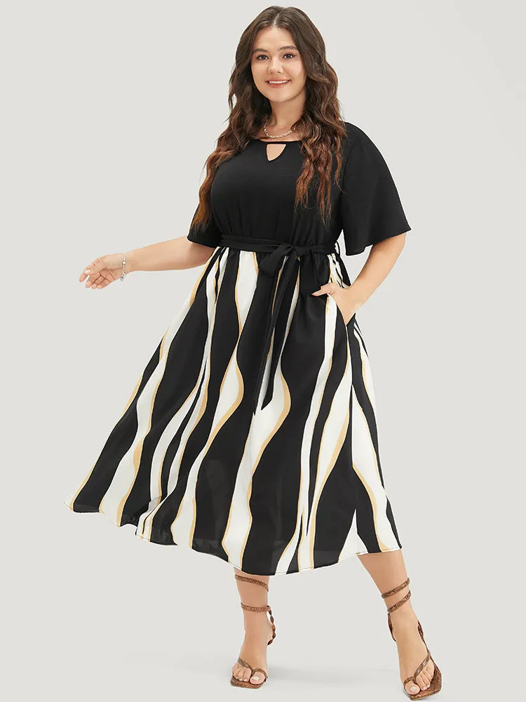 Striped Patchwork Ruffle Sleeve Pocket Belted Keyhole Dress sold by Bloomchic product image thumbnail 4