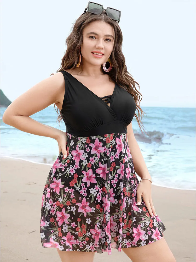 Floral Mesh Hem Crisscross Front Wrap Swim Dress sold by Bloomchic product image thumbnail 4