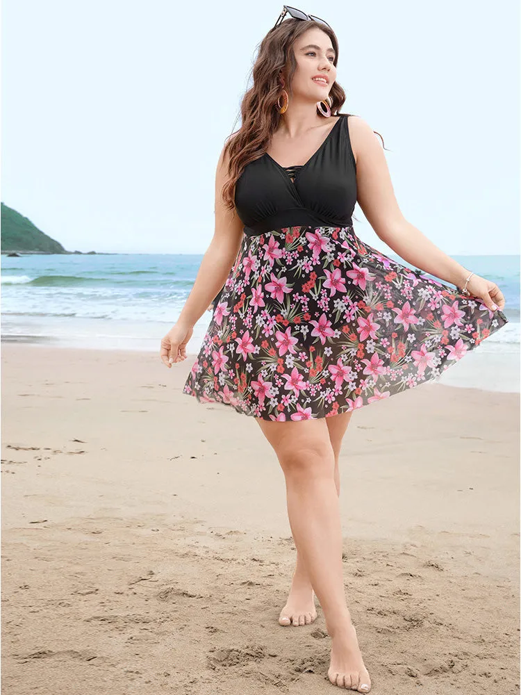Floral Mesh Hem Crisscross Front Wrap Swim Dress sold by Bloomchic product image thumbnail 5