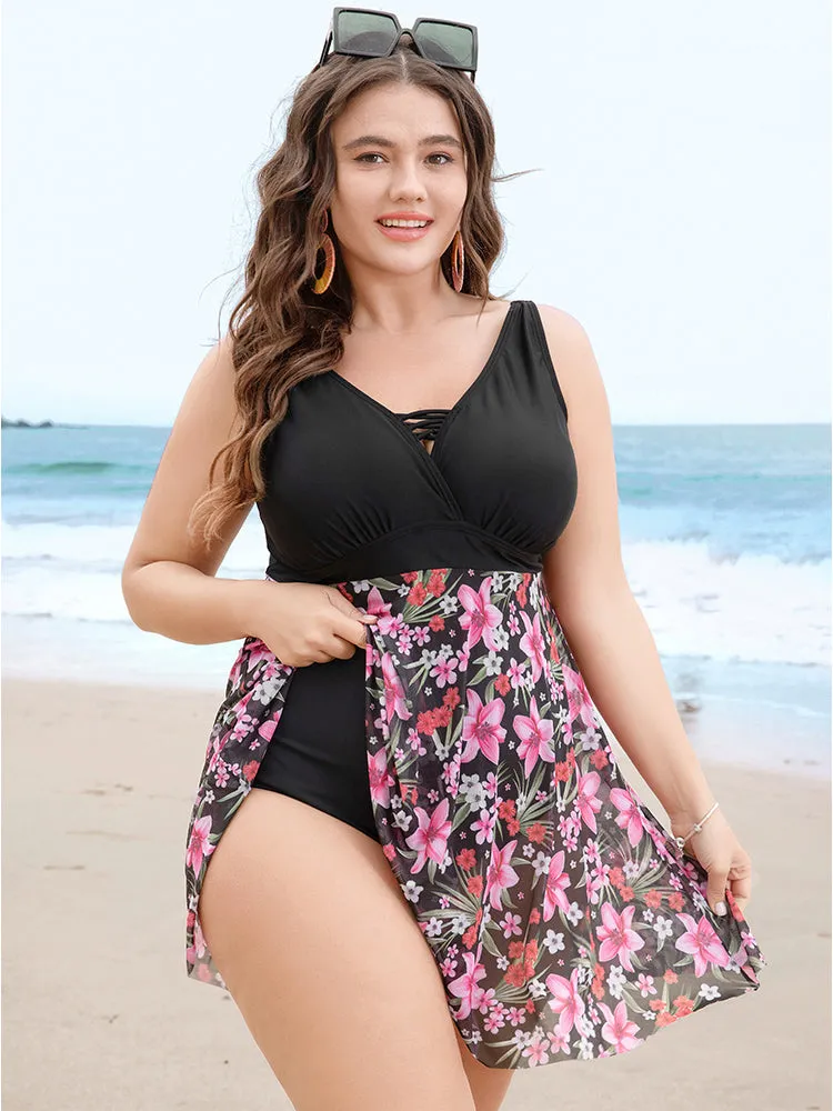 Floral Mesh Hem Crisscross Front Wrap Swim Dress sold by Bloomchic product image thumbnail 3