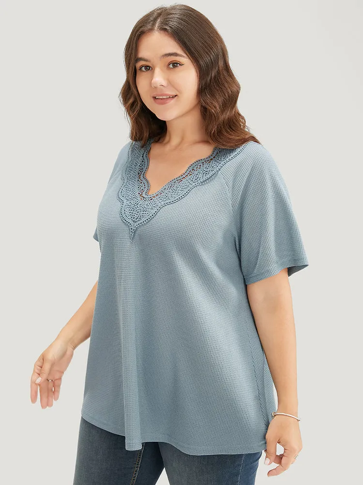 Solid Raglan Sleeve Contrast Lace Waffle Knit T-shirt sold by Bloomchic product image thumbnail 4