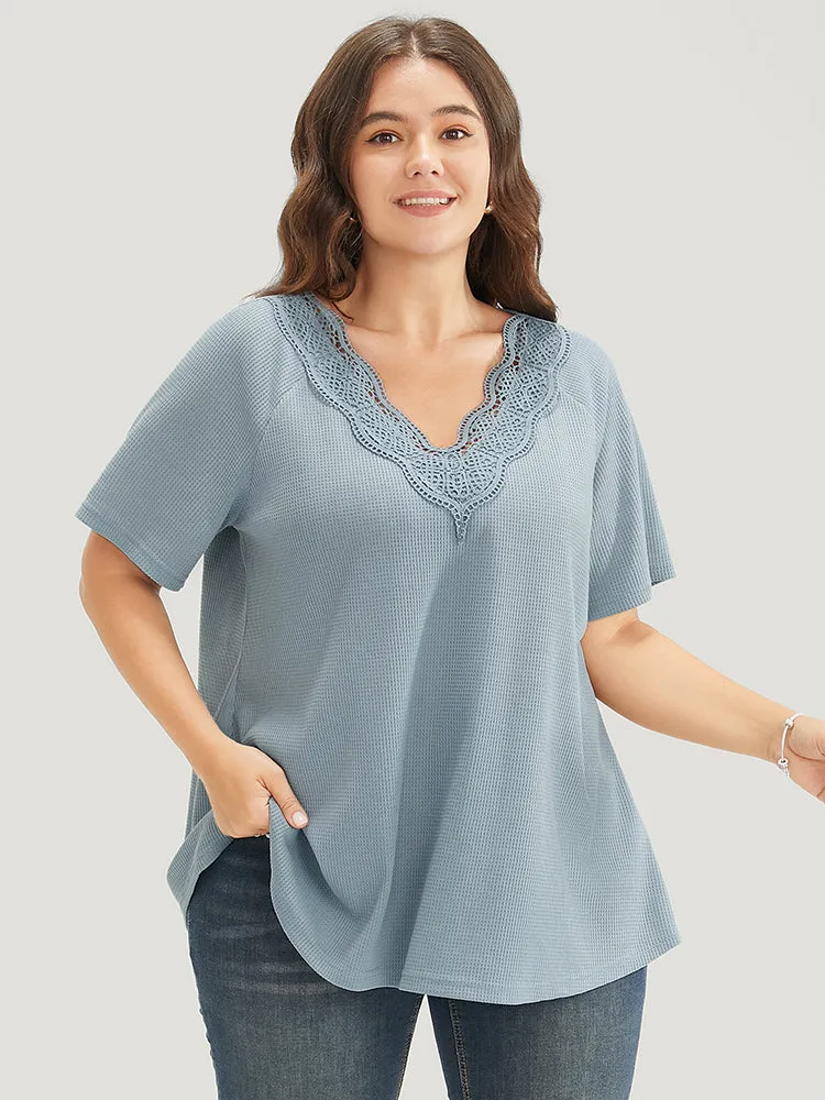 Solid Raglan Sleeve Contrast Lace Waffle Knit T-shirt sold by Bloomchic