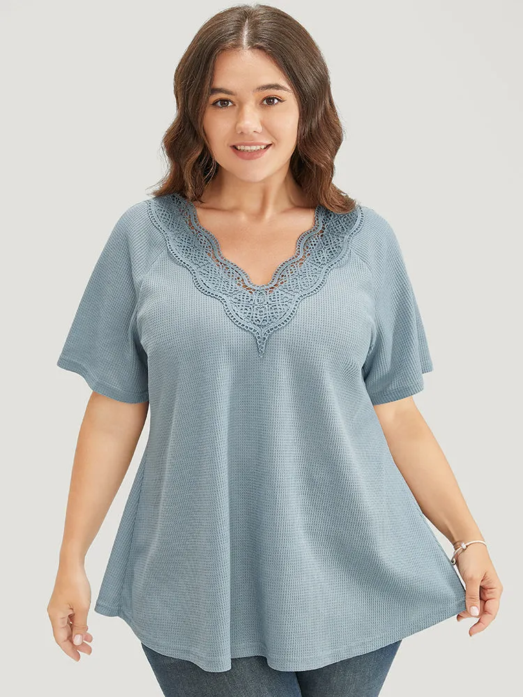 Solid Raglan Sleeve Contrast Lace Waffle Knit T-shirt sold by Bloomchic product image thumbnail 2