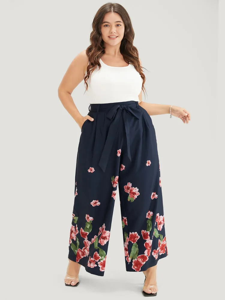 Floral Wide Leg Pocket Pleated Detail Belt Pants sold by Bloomchic product image thumbnail 2