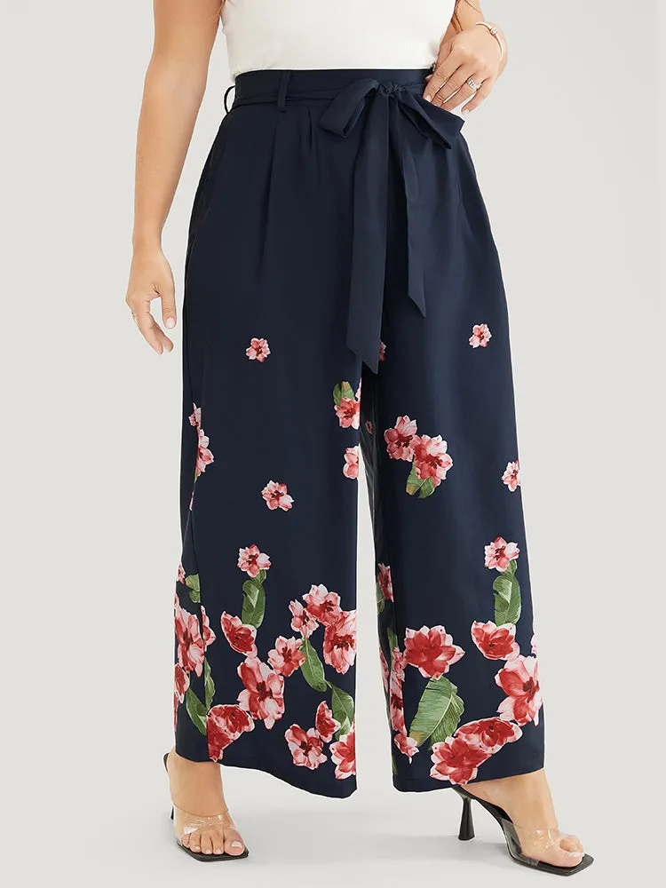 Floral Wide Leg Pocket Pleated Detail Belt Pants sold by Bloomchic