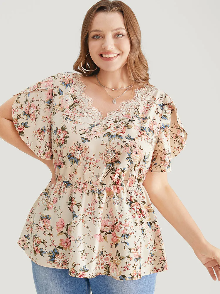 Floral Print Lace Trim Ruffle Hem Petal Sleeve Blouse sold by Bloomchic