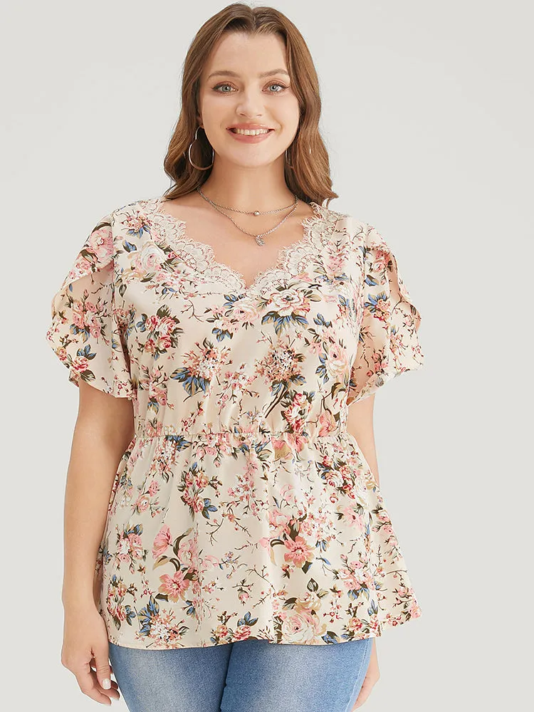 Floral Print Lace Trim Ruffle Hem Petal Sleeve Blouse sold by Bloomchic product image thumbnail 2