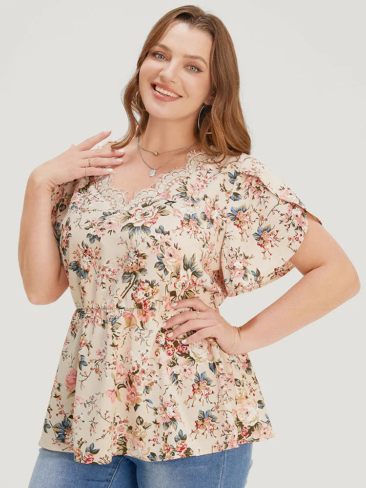 Floral Print Lace Trim Ruffle Hem Petal Sleeve Blouse sold by Bloomchic product image thumbnail 3