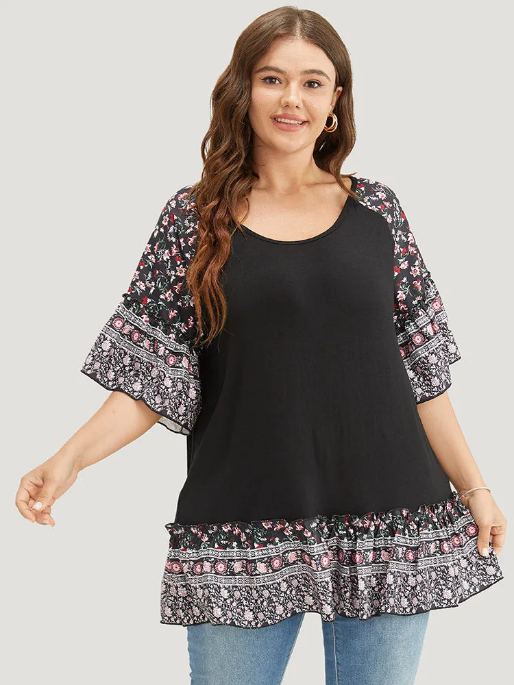 Ditsy Floral Frill Trim Ruffle Raglan Sleeve T-shirt sold by Bloomchic