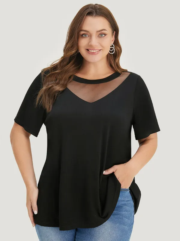 Solid Round Neck Mesh Patchwork T-shirt sold by Bloomchic