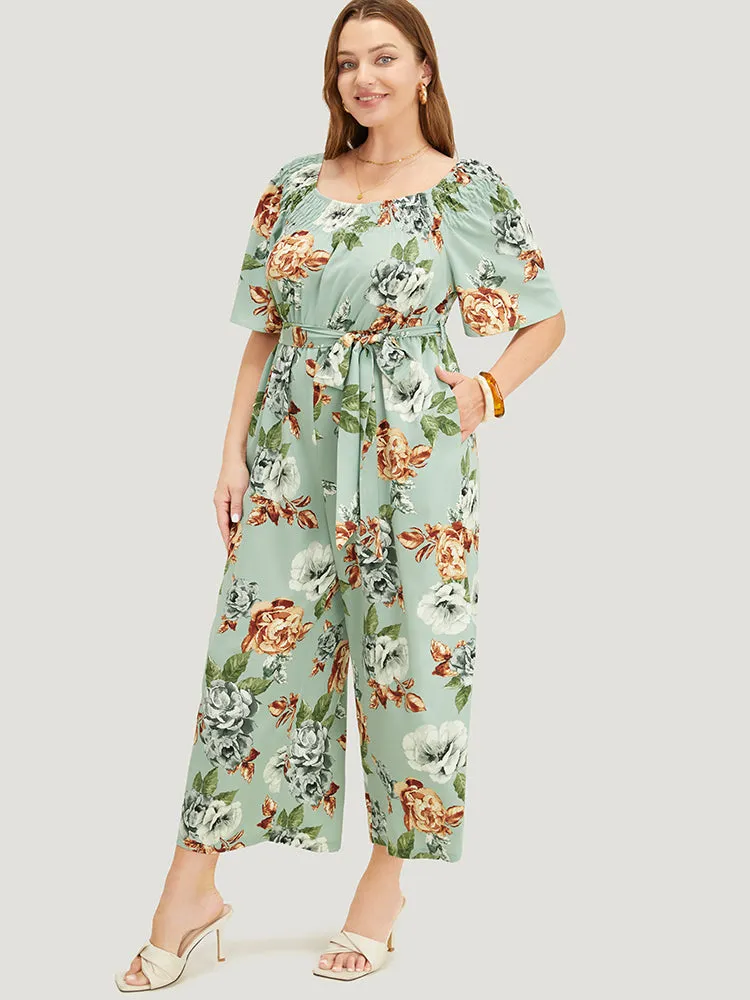 Floral Flutter Sleeve Gathered Belt Pocket Jumpsuit sold by Bloomchic product image thumbnail 3
