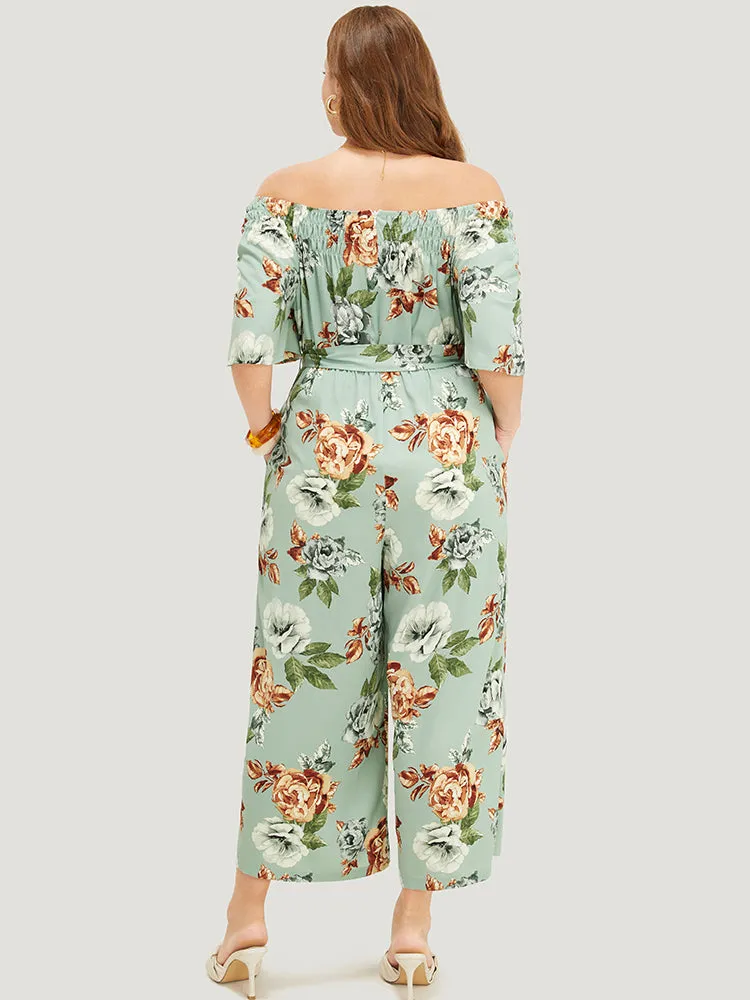 Floral Flutter Sleeve Gathered Belt Pocket Jumpsuit sold by Bloomchic product image thumbnail 4