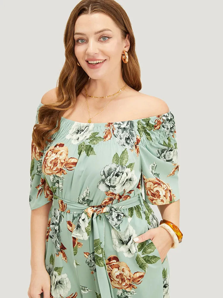 Floral Flutter Sleeve Gathered Belt Pocket Jumpsuit sold by Bloomchic product image thumbnail 5