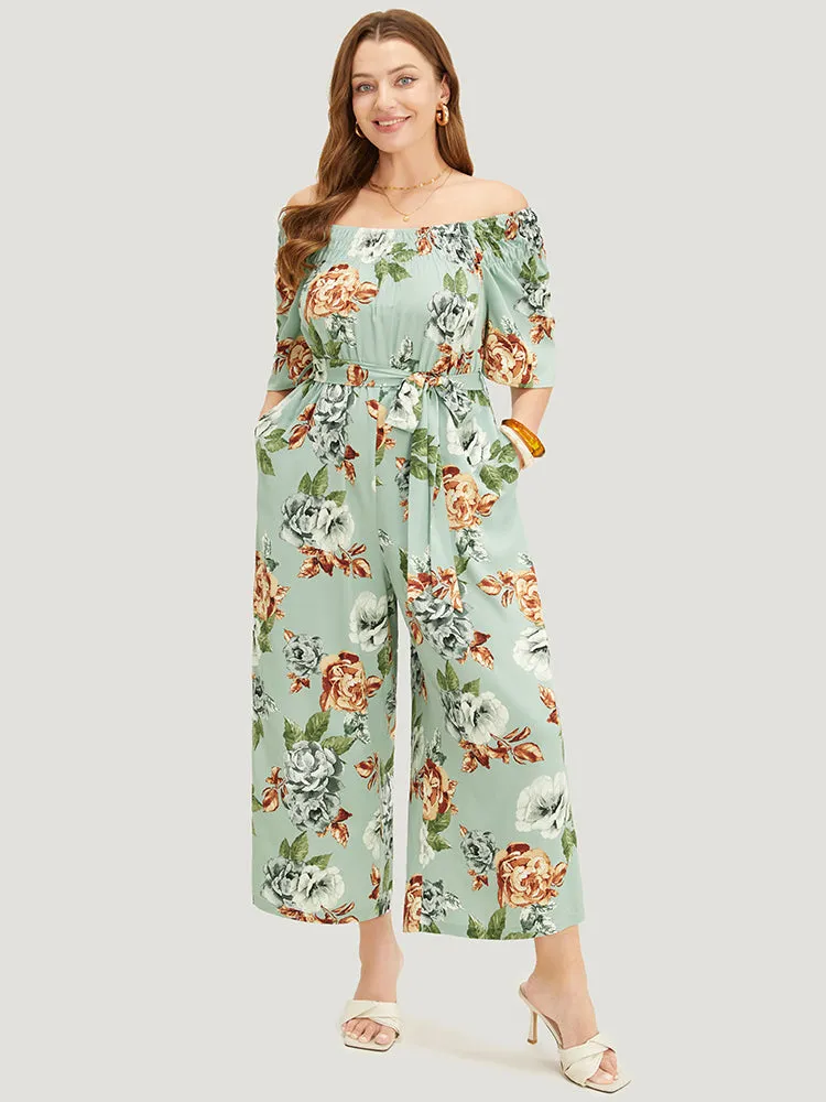 Floral Flutter Sleeve Gathered Belt Pocket Jumpsuit sold by Bloomchic product image thumbnail 2