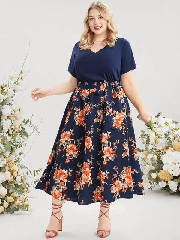 Floral Patchwork Scalloped Trim Pocket Belted Ruffles Dress sold by Bloomchic