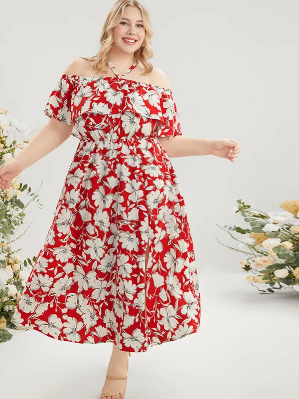Floral Print Pocket Ruffles Trim Split Halter Maxi Dress sold by Bloomchic