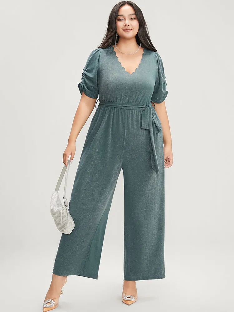 Plain Scalloped Trim Ruched Glitter Pocket Belted Jumpsuit sold by Bloomchic product image thumbnail 4