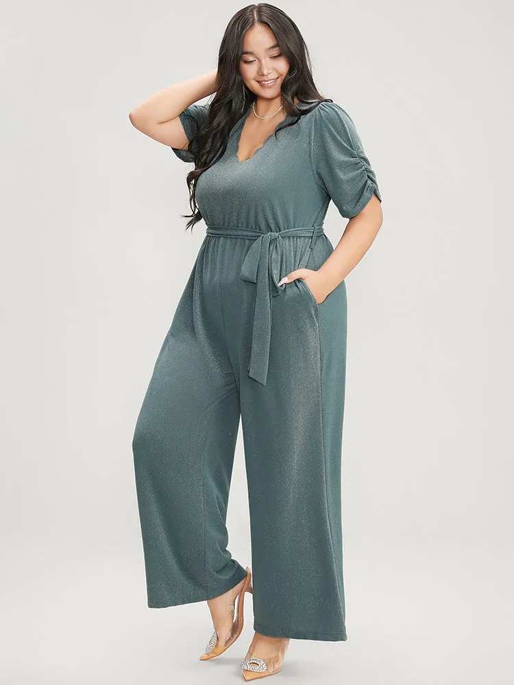 Plain Scalloped Trim Ruched Glitter Pocket Belted Jumpsuit sold by Bloomchic product image thumbnail 3