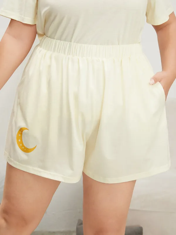 Moon Print Elastic Waist Pocket Sleep Shorts sold by Bloomchic