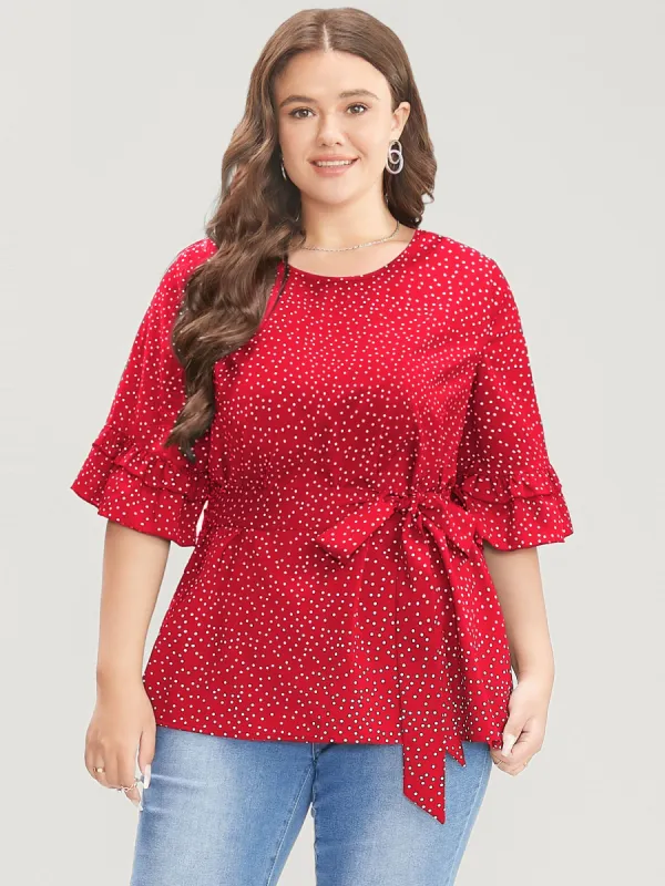 Polka Dot Belted Ruffle Sleeve Blouse sold by Bloomchic