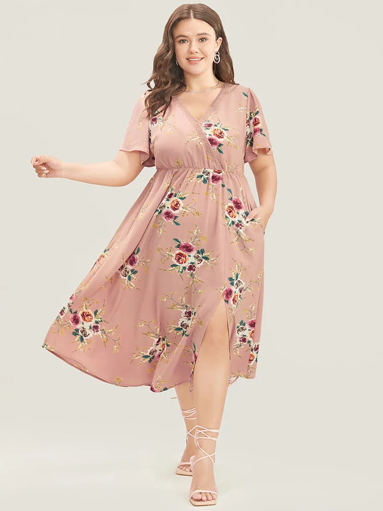 Floral Printed Lace Wrap Pocket Split Ruffles Hem Dress sold by Bloomchic