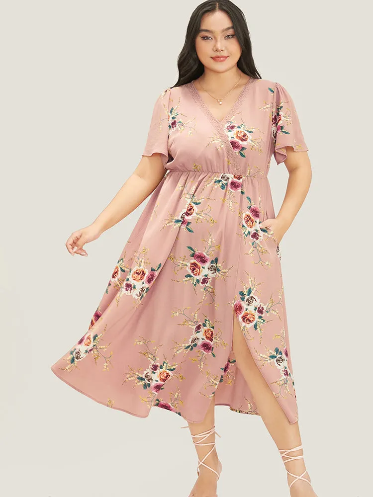 Floral Printed Lace Wrap Pocket Split Ruffles Hem Dress sold by Bloomchic product image thumbnail 2
