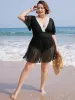 Contrast Lace Knot Back Mesh Ruffle Swim Dress sold by Bloomchic