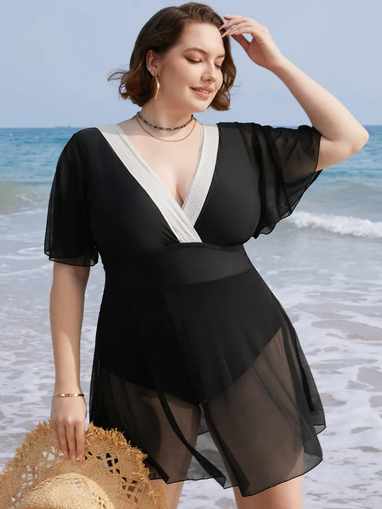 Contrast Lace Knot Back Mesh Ruffle Swim Dress sold by Bloomchic product image thumbnail 3