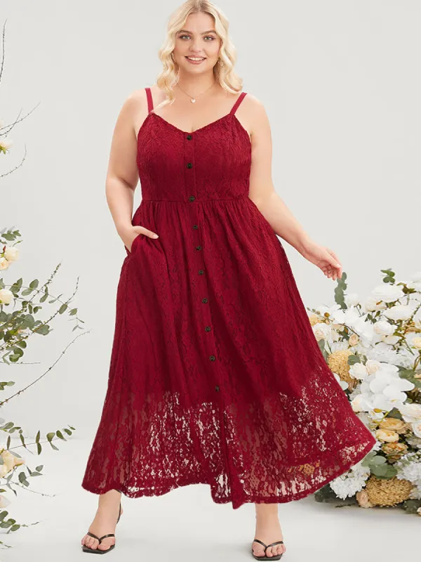 Plain Lace Pocket Sleeveless Button Detail Cami Maxi Dress sold by Bloomchic