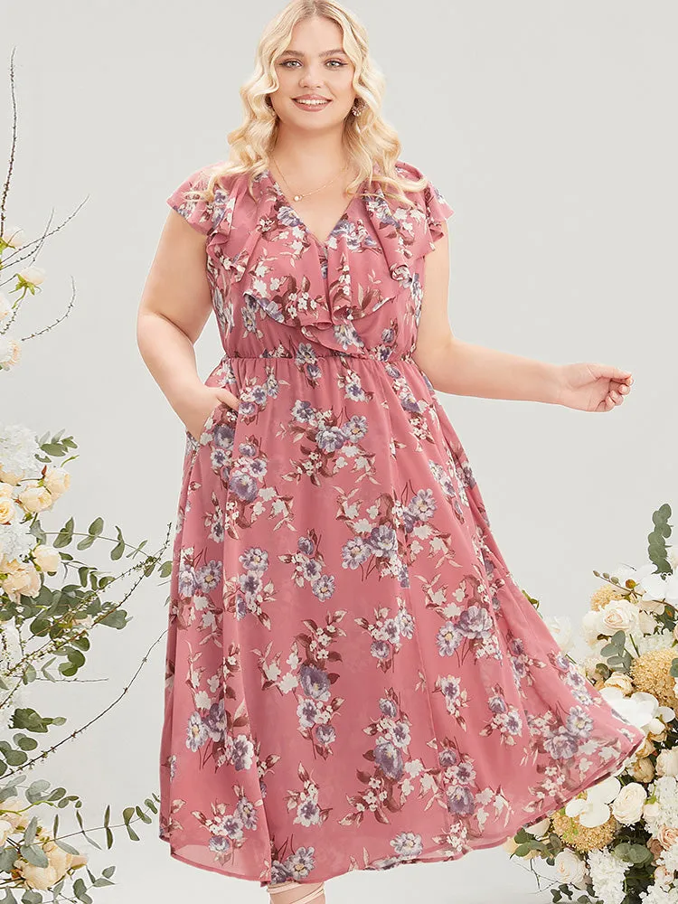 Floral Print Ruffle Trim Pocket Sleeveless Wrap Dress sold by Bloomchic product image thumbnail 4