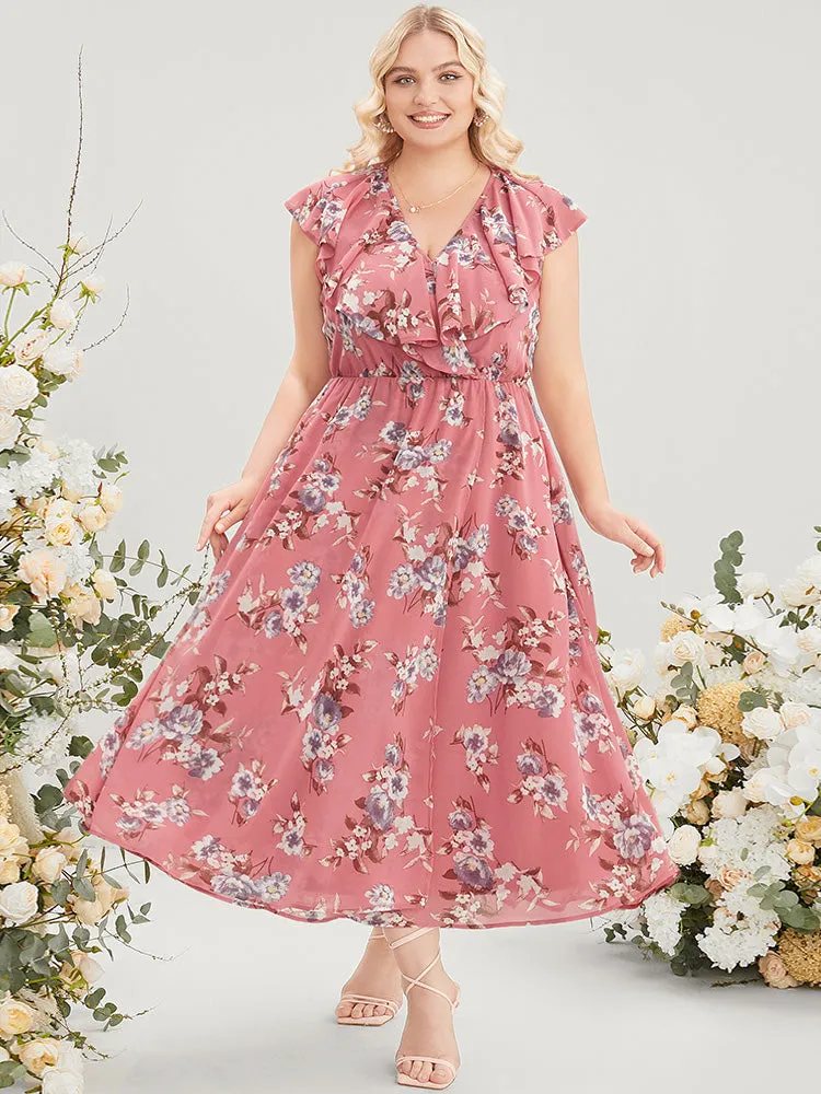 Floral Print Ruffle Trim Pocket Sleeveless Wrap Dress sold by Bloomchic