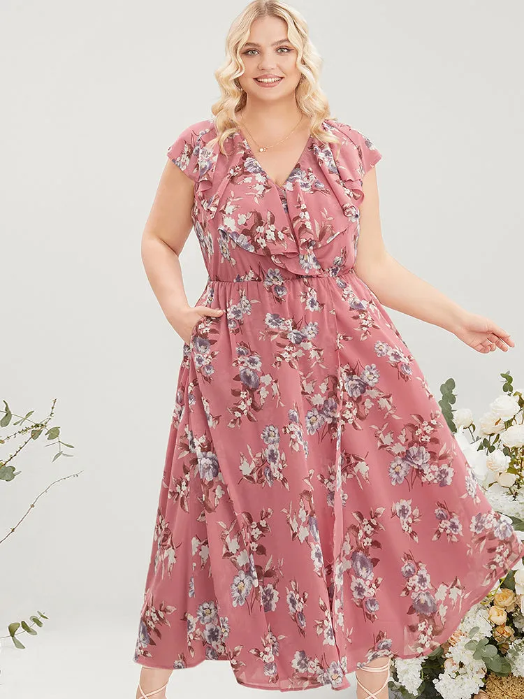 Floral Print Ruffle Trim Pocket Sleeveless Wrap Dress sold by Bloomchic product image thumbnail 2