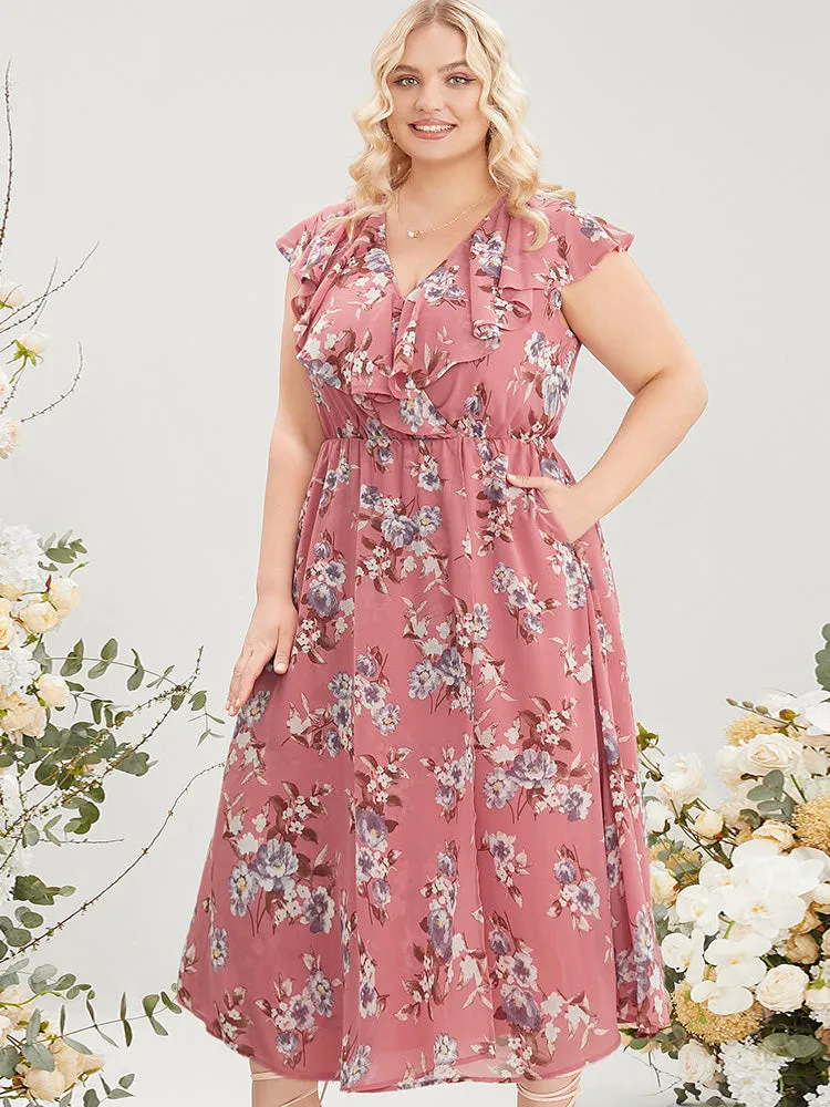 Floral Print Ruffle Trim Pocket Sleeveless Wrap Dress sold by Bloomchic product image thumbnail 3