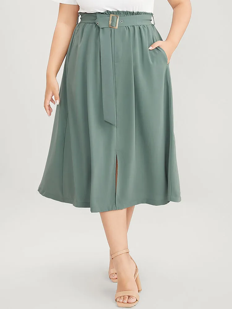 Solid Paperbag Waist Pocket Belted Split Hem Skirt sold by Bloomchic