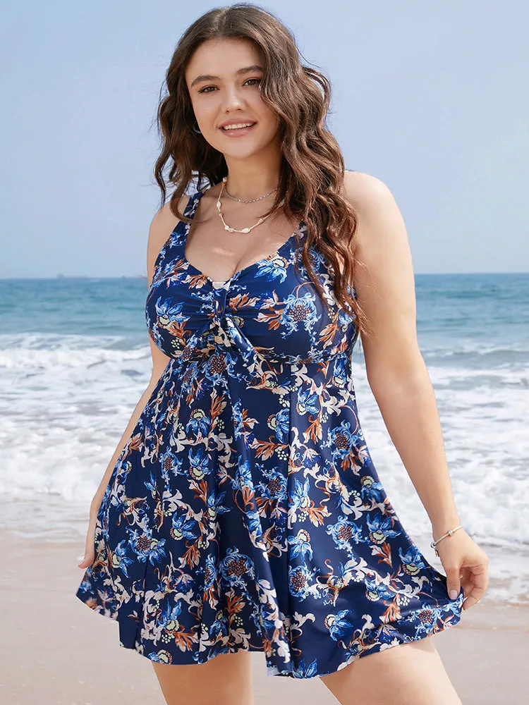 Floral Knot Front Ruched Ruffles Swim Dress sold by Bloomchic