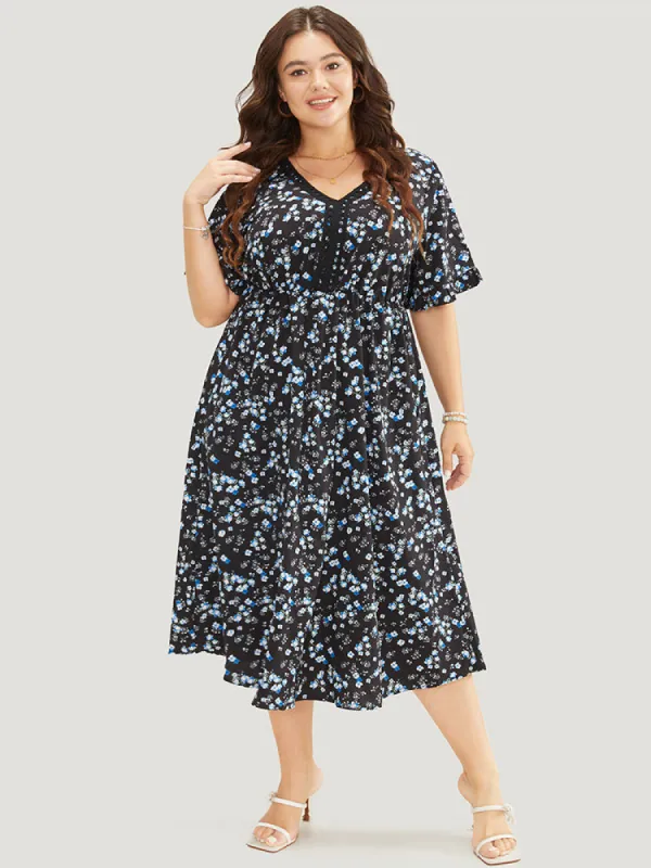 Ditsy Floral Dolman Sleeve Tassels Contrast Lace  Pocket Split Dress sold by Bloomchic