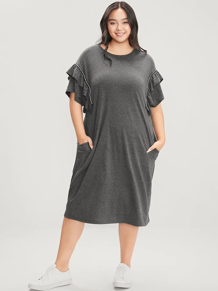Solid Round Neck Pocket Beaded Webbing Ruffle Trim Dress sold by Bloomchic product image thumbnail 3