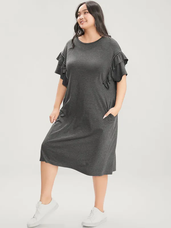 Solid Round Neck Pocket Beaded Webbing Ruffle Trim Dress sold by Bloomchic