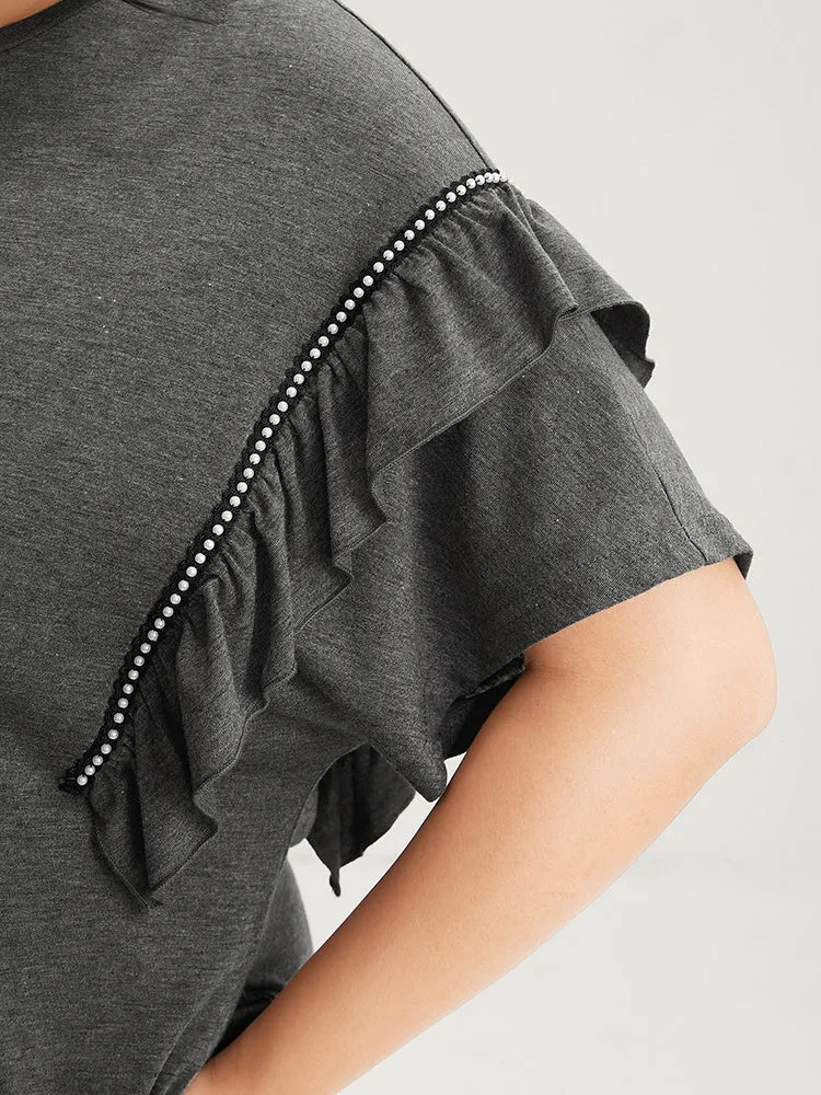 Solid Round Neck Pocket Beaded Webbing Ruffle Trim Dress sold by Bloomchic product image thumbnail 5