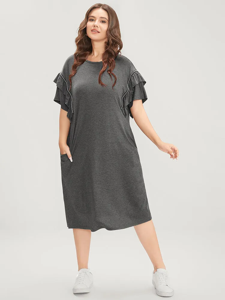 Solid Round Neck Pocket Beaded Webbing Ruffle Trim Dress sold by Bloomchic product image thumbnail 2