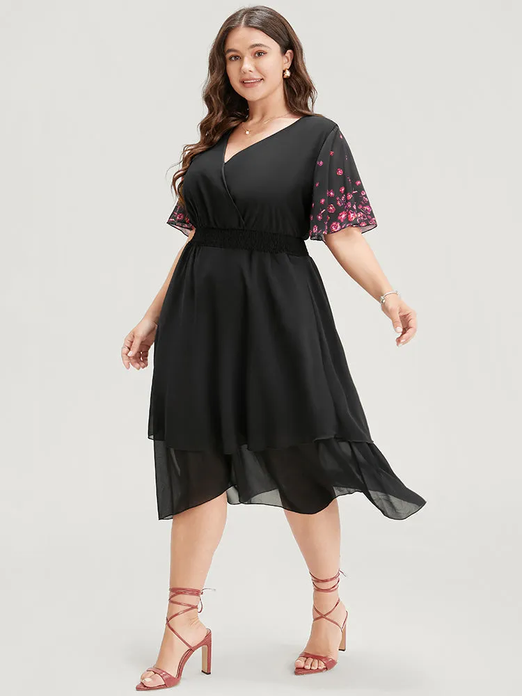 Ditsy Floral Shirred Surplice Neck Pocket Mesh Ruffle Hem Dress sold by Bloomchic product image thumbnail 3