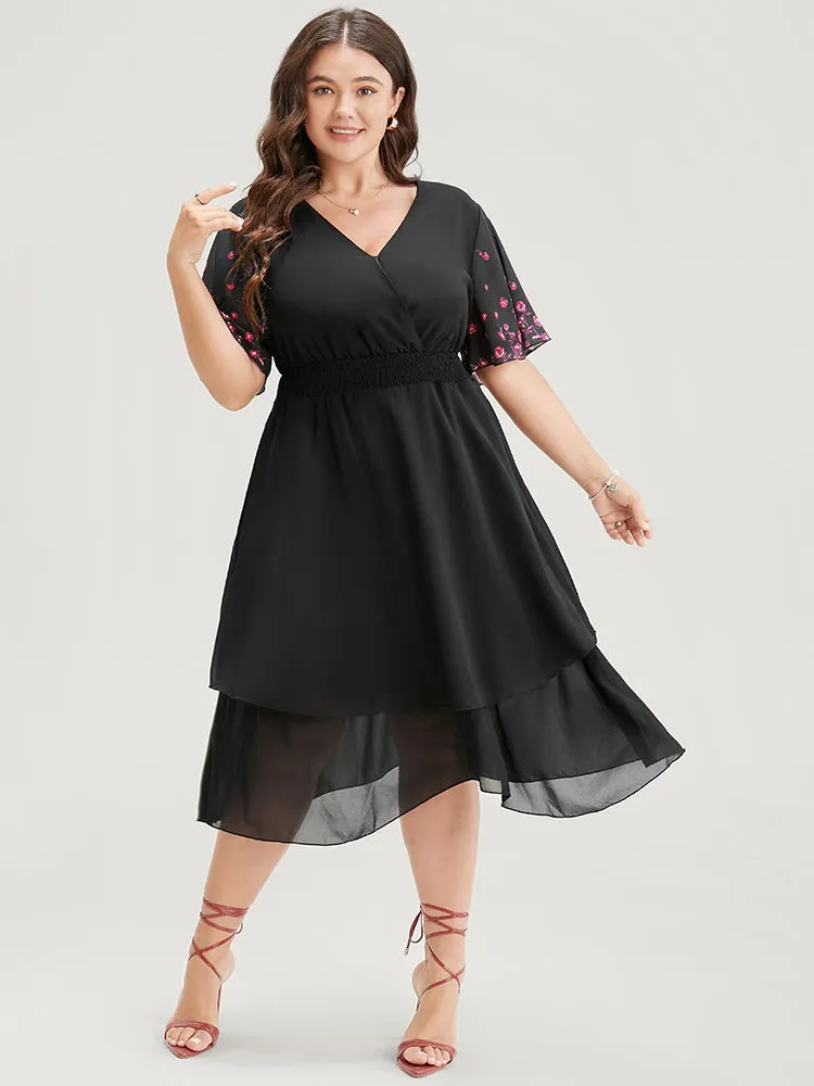 Ditsy Floral Shirred Surplice Neck Pocket Mesh Ruffle Hem Dress sold by Bloomchic product image thumbnail 2